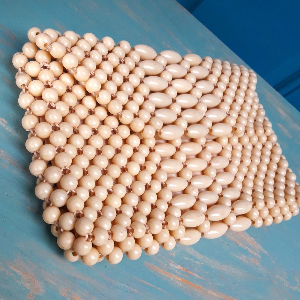 Vintage Beaded Clutch Bag Mini Zipper Closure Creamy Beige Round Oval Beads